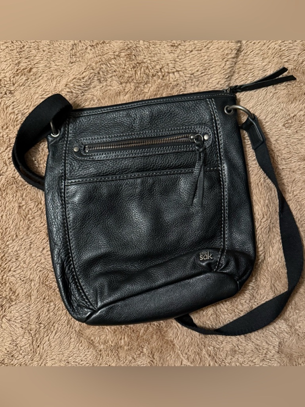 The Sak Black Pebbled Leather Messenger Crossbody